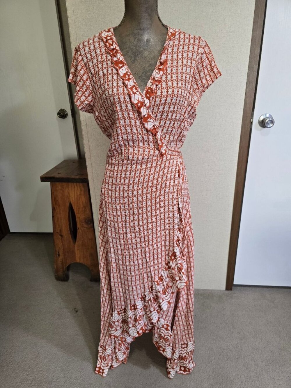 Talisman Small Wrap Dress Orange White Floral Geometric Ruffle Hem Midi Boho